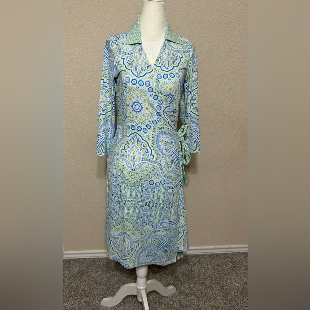 J McLaughlin Women’s Size Small  Green Blue Paisley Catalina Cloth Wrap Dress